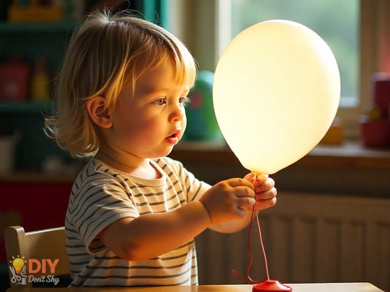 Hand pump inflating balloon with fishing line on table for DIY floating balloon effect.