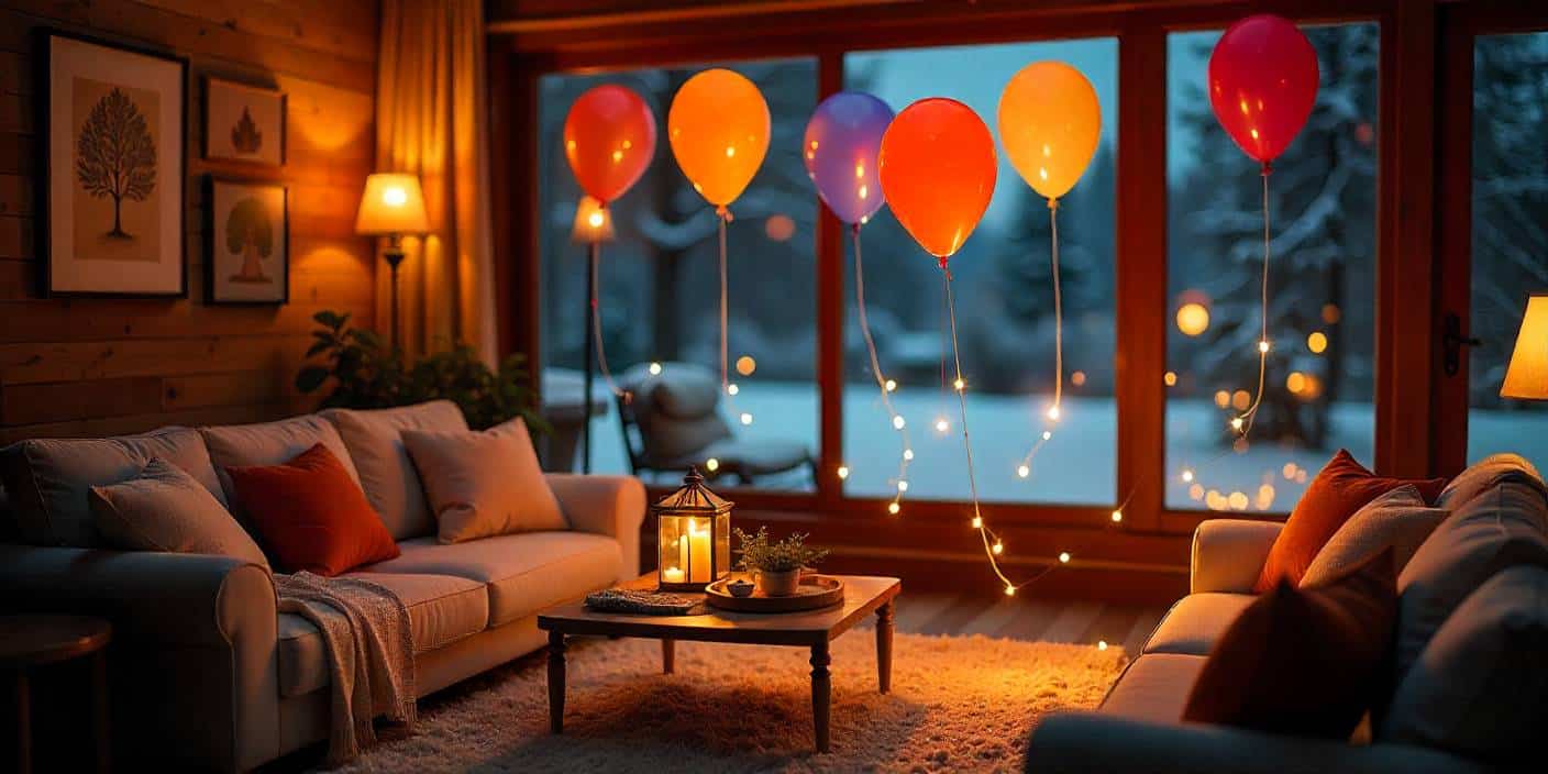 Creative homemade helium balloon effect using fishing line and balloons in a living room.