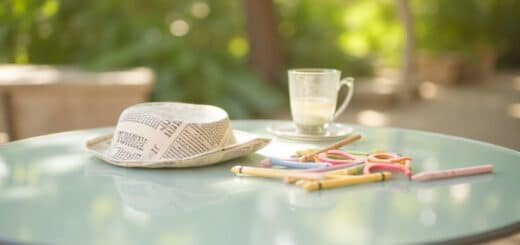 Handmade DIY paper hat folded from newspaper for adults on a table.