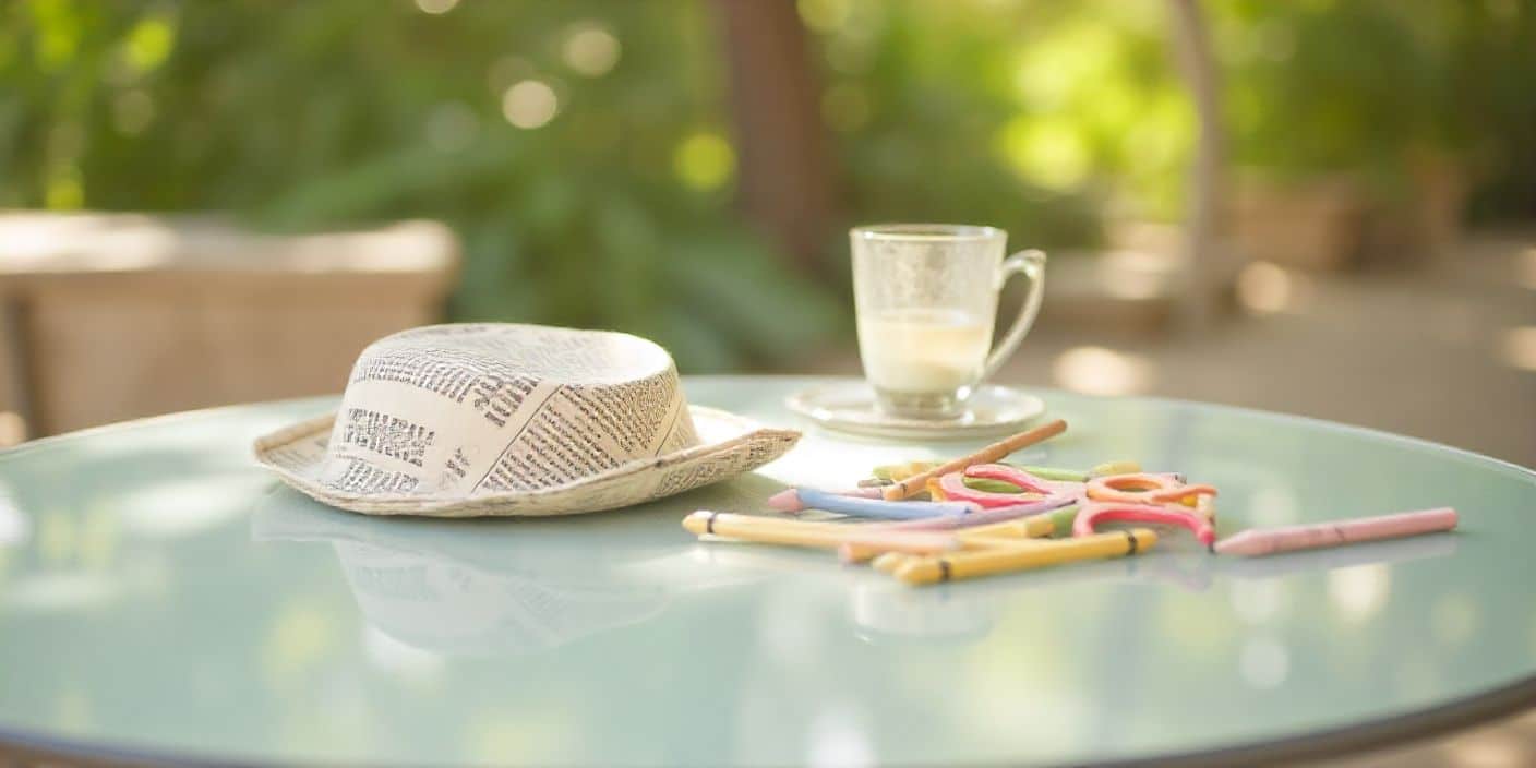 Handmade DIY paper hat folded from newspaper for adults on a table.