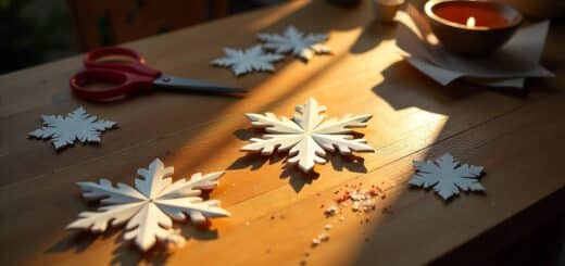 Handmade paper snowflakes with scissors and folded paper on a wooden table.