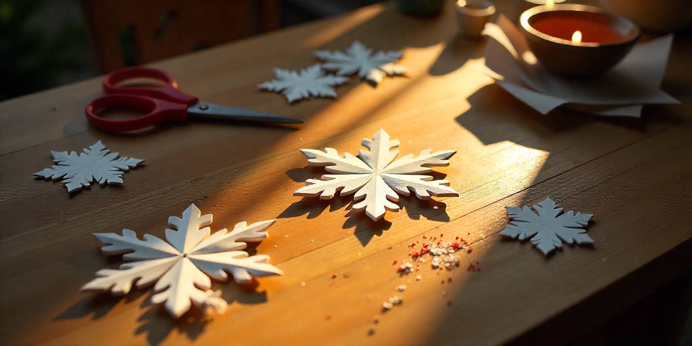 Handmade paper snowflakes with scissors and folded paper on a wooden table.