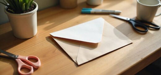 Handmade DIY envelope made from rectangle paper on a desk with scissors and ruler.