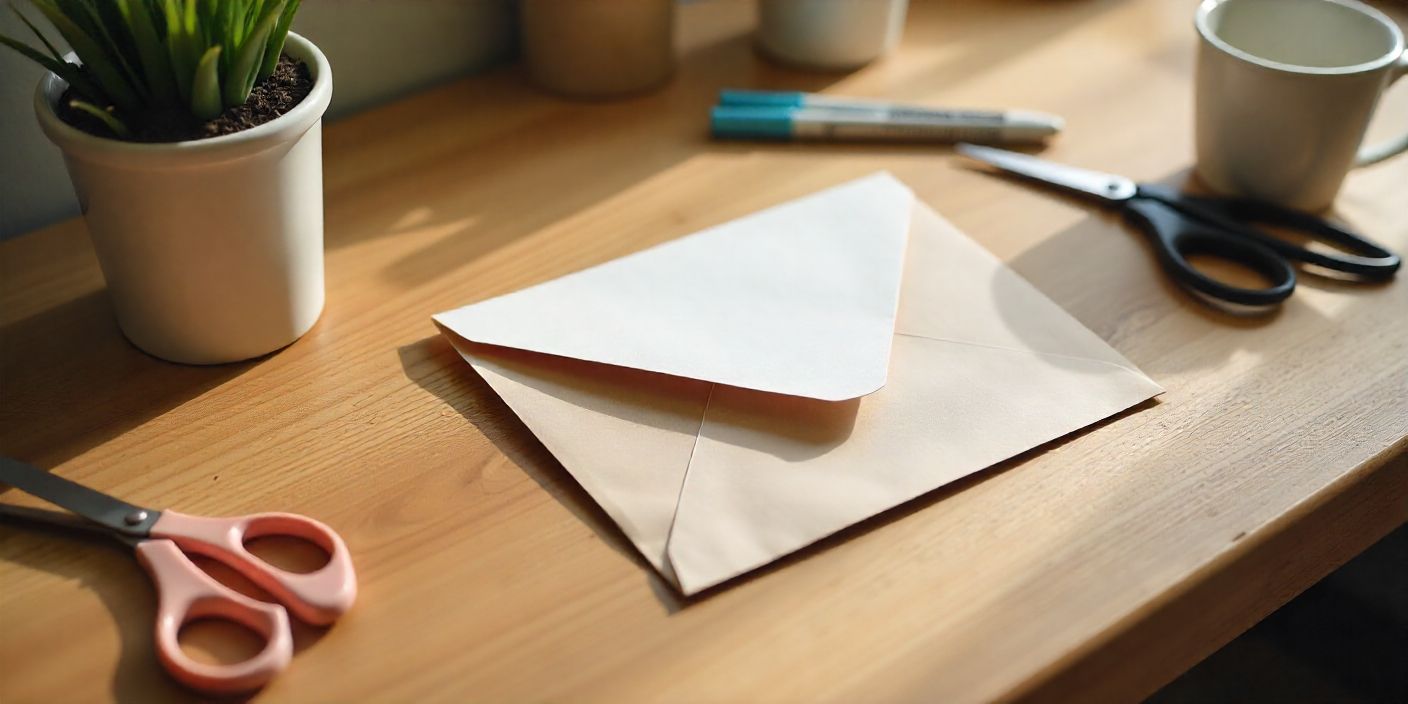 Handmade DIY envelope made from rectangle paper on a desk with scissors and ruler.
