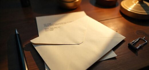 Handmade paper envelope folded from A4 sheet without glue, shown on a wooden desk with a letter and pen.