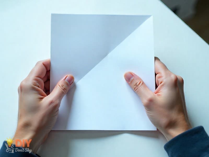 Hands folding A4 paper diagonally into a triangle for a DIY paper envelope.