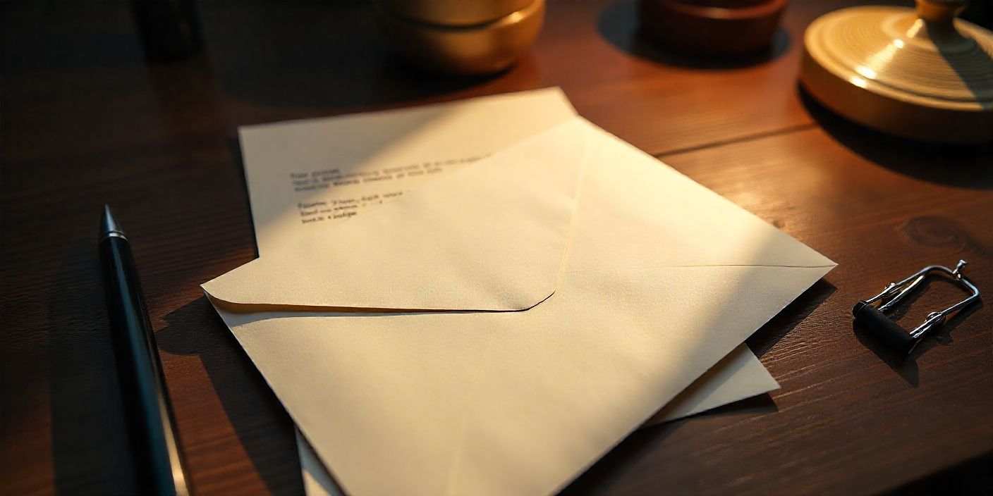 Handmade paper envelope folded from A4 sheet without glue, shown on a wooden desk with a letter and pen.