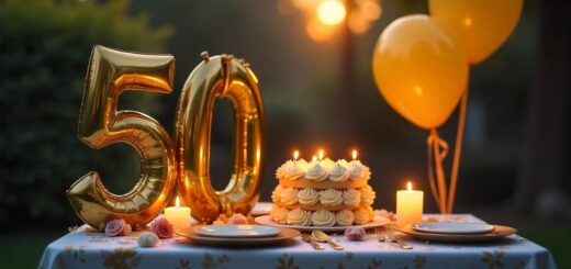 Golden 50th wedding anniversary decorations with cake, candles, and festive details.