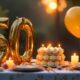 Golden 50th wedding anniversary decorations with cake, candles, and festive details.