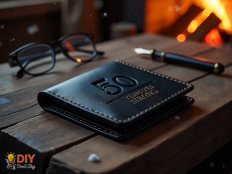 Leather wallet engraved with 50 Years Strong for a golden anniversary.