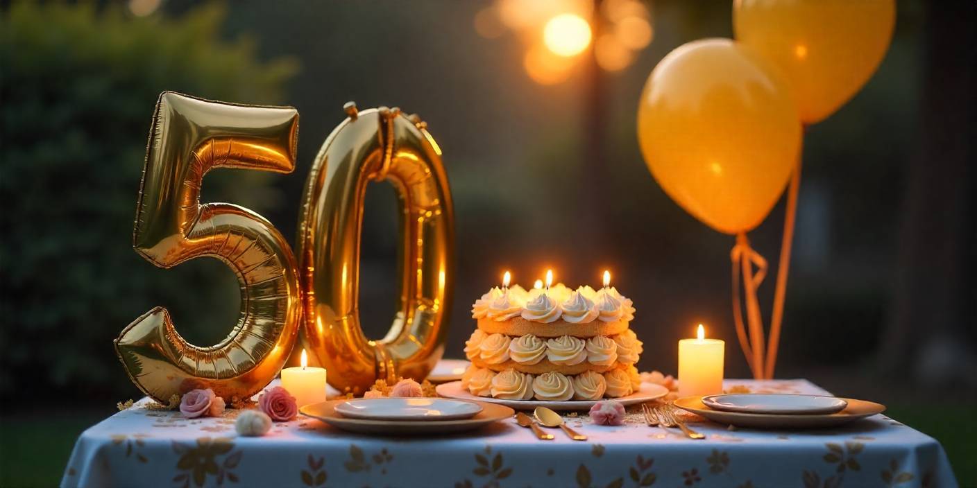 Golden 50th wedding anniversary decorations with cake, candles, and festive details.