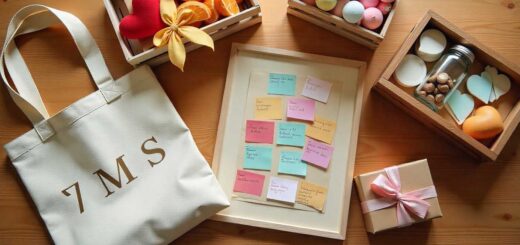 Flat lay of last-minute anniversary gifts including tote bag, snack crate, memory jar, collage, and wrapped box.