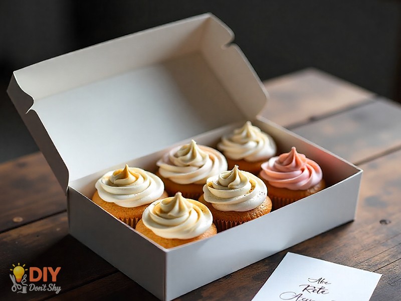 Cupcakes in soft wedding colors with handwritten note card beside the open box.