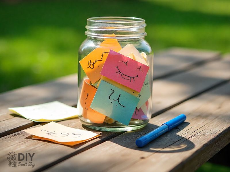 Glass memory jar with handwritten notes and doodles on a wooden surface.