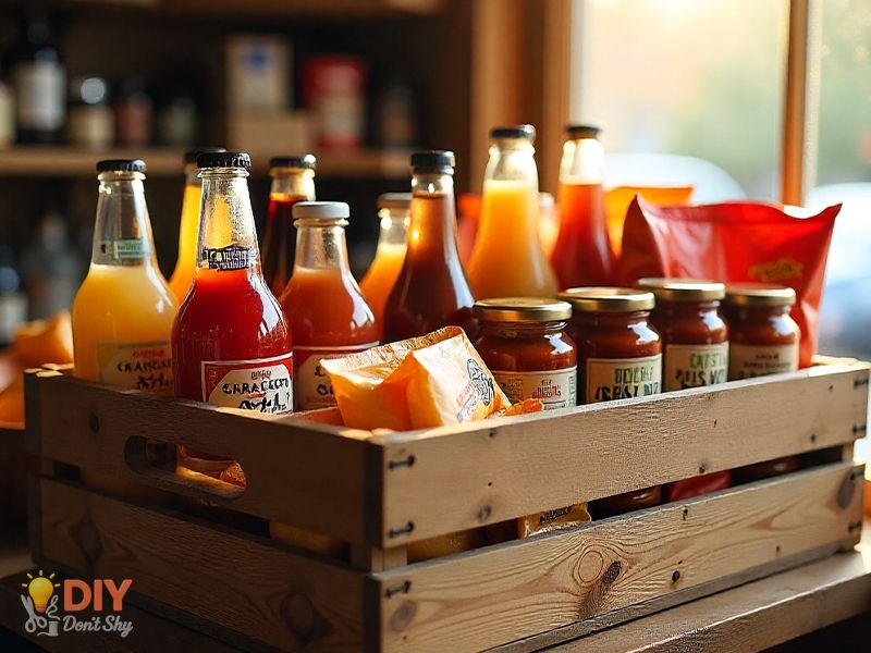 Snack crate with sodas, hot sauces, jerky, and chips arranged in a rustic wooden box.