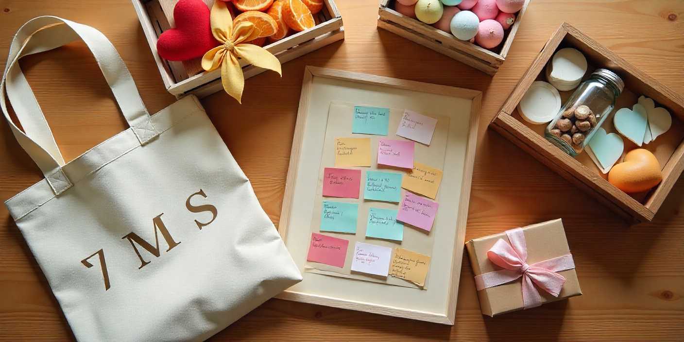 Flat lay of last-minute anniversary gifts including tote bag, snack crate, memory jar, collage, and wrapped box.