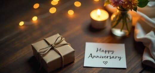 Simple anniversary gift with wrapped present, flowers, and candle