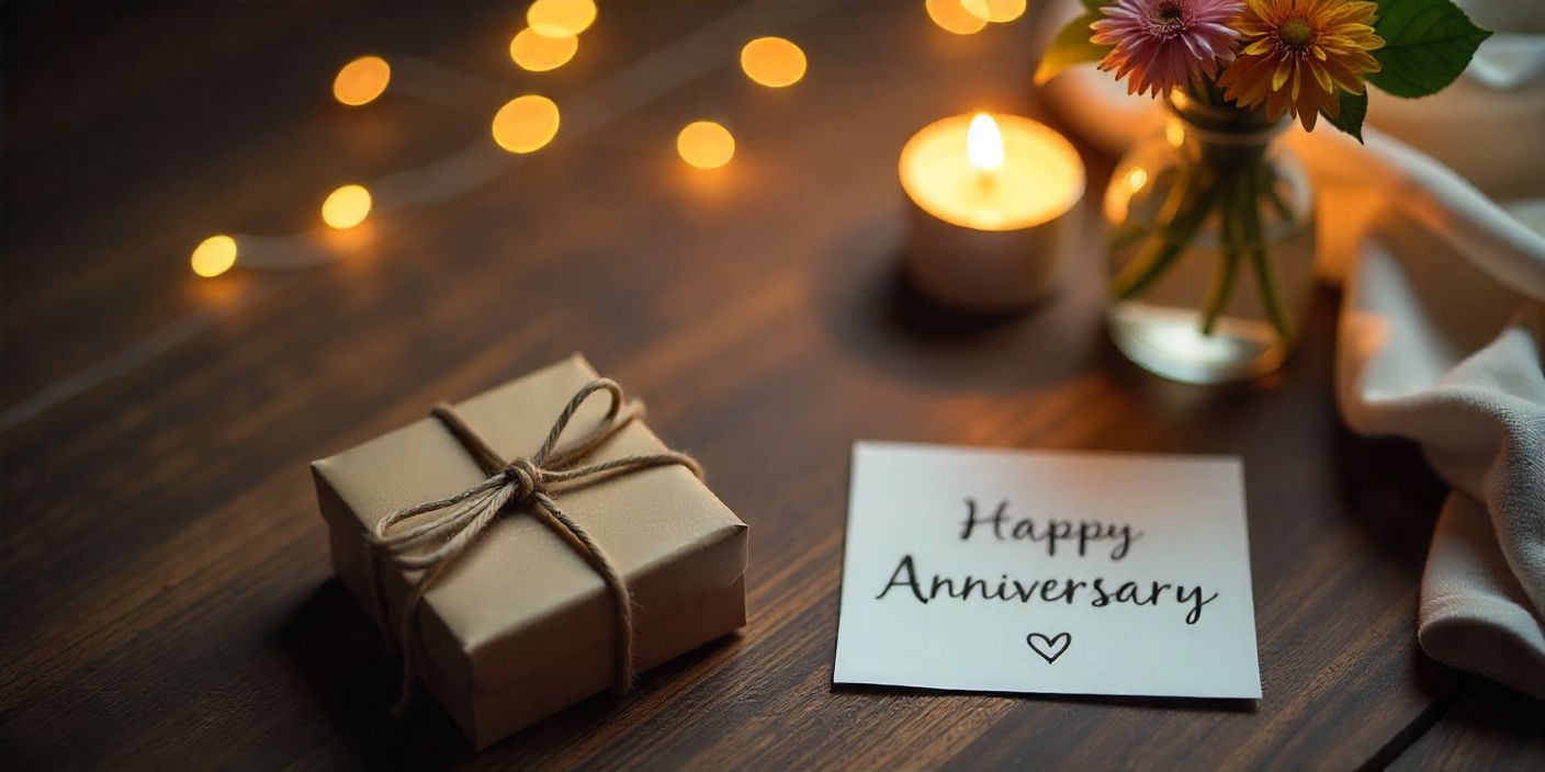 Simple anniversary gift with wrapped present, flowers, and candle