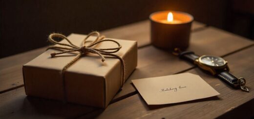 Last minute anniversary gift ideas for husband with wrapped present, watch, and greeting card.