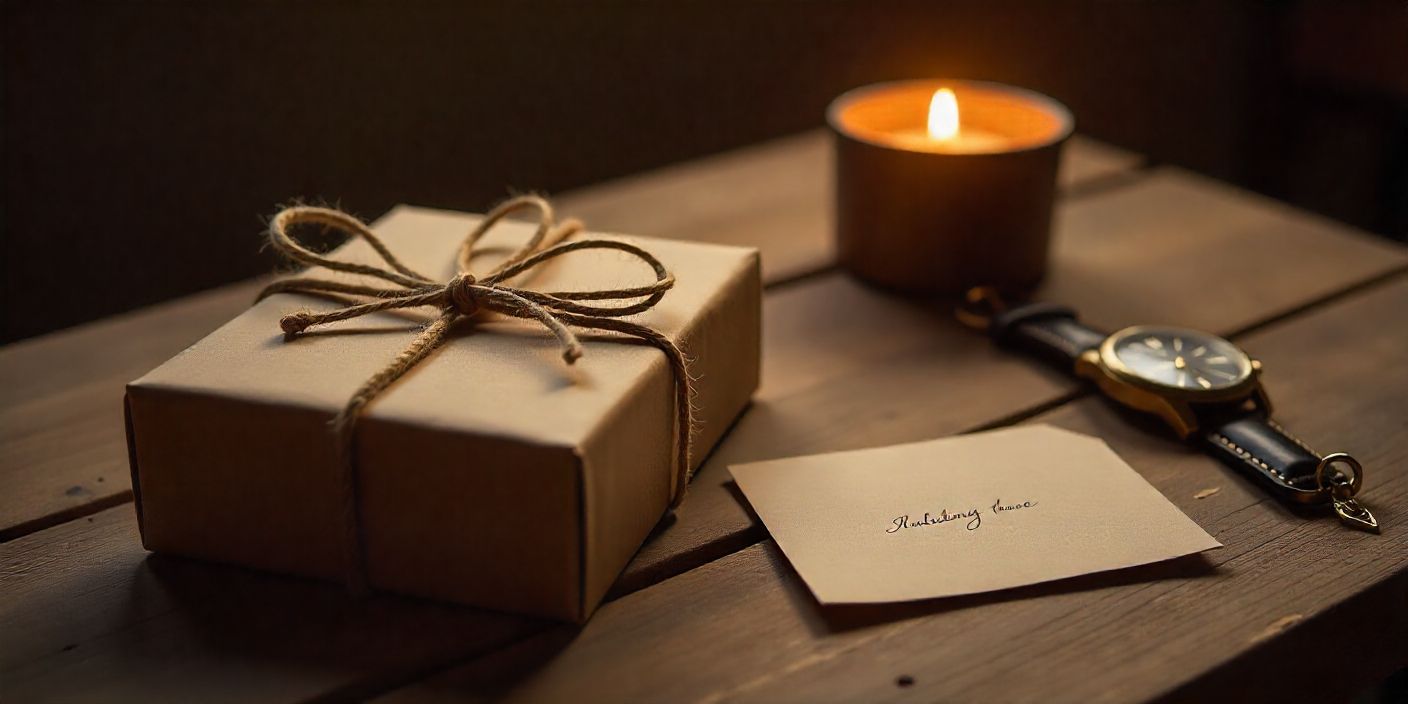 Last minute anniversary gift ideas for husband with wrapped present, watch, and greeting card.