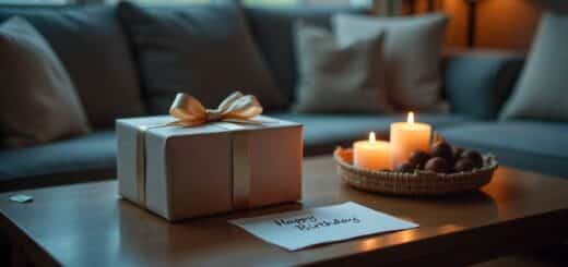 Romantic last-minute birthday gift setup for wife with candles, flowers, and handwritten note.