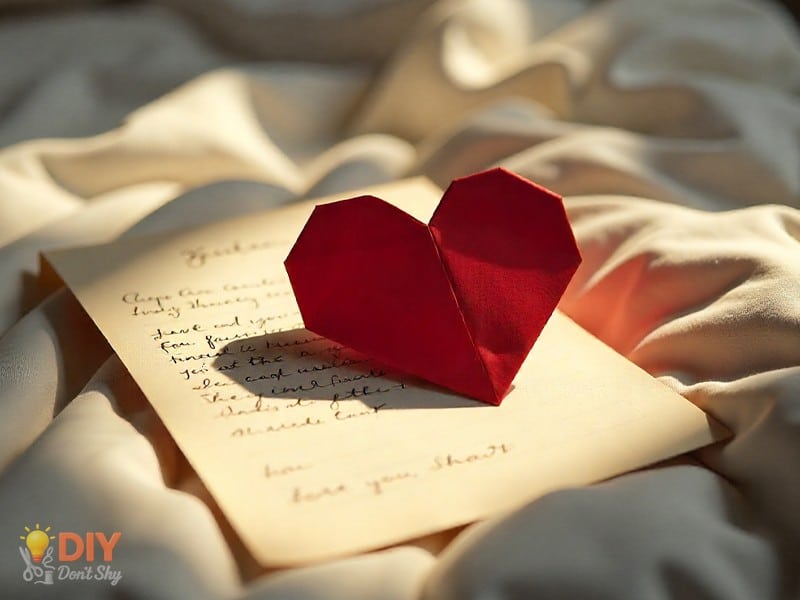 Romantic origami heart letter on pillow as a sentimental birthday gift for wife.