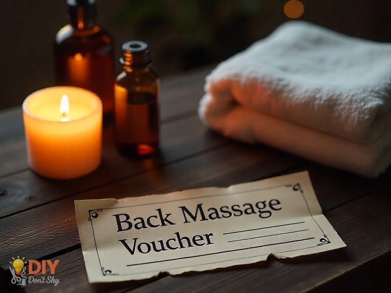 DIY massage voucher with candles and oils as a pampering birthday gift for wife.
