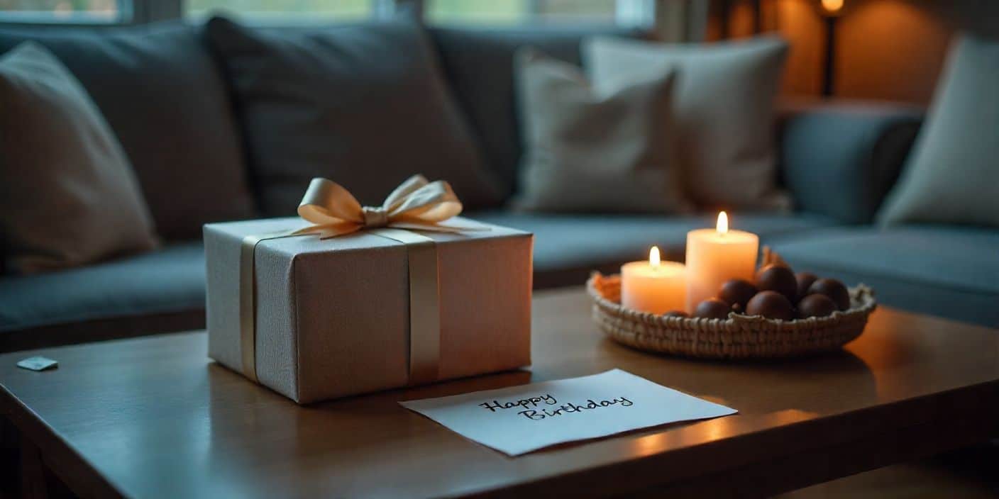 Romantic last-minute birthday gift setup for wife with candles, flowers, and handwritten note.