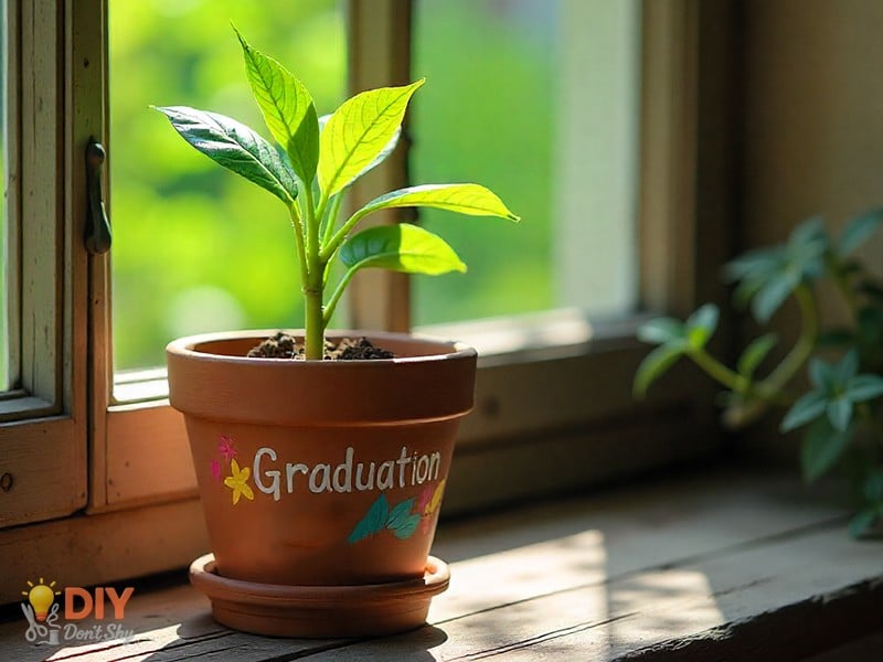 DIY painted plant pot with graduation year design as a gift idea.