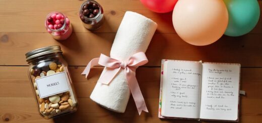 Flat lay of simple last-minute DIY gifts like jars, balloons, scrapbook, and spa kit on a wooden table.