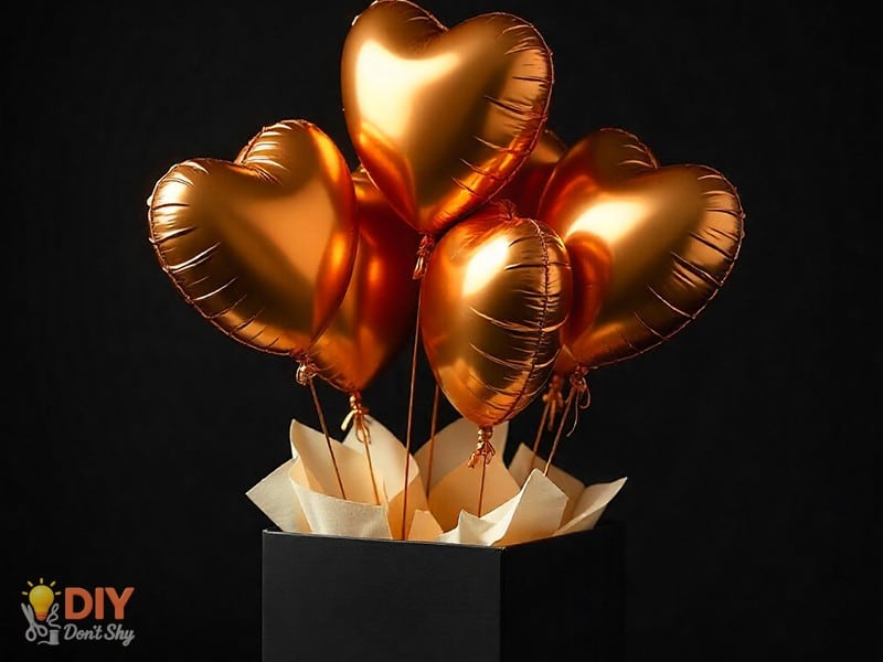 Colorful balloons filled with handwritten notes inside a gift box.