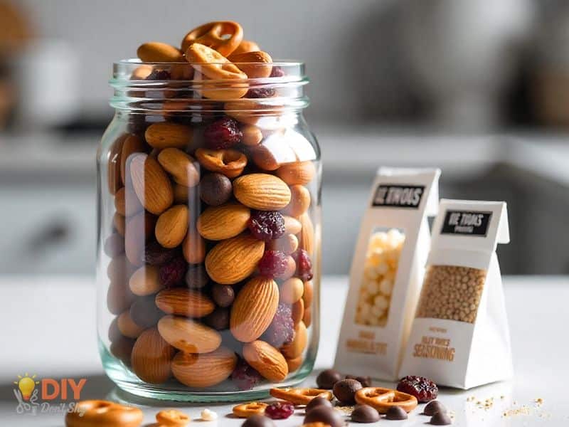 Homemade trail mix jar and DIY popcorn kit as quick edible gift ideas.
