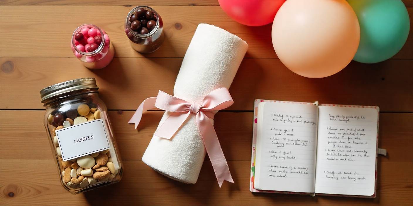 Flat lay of simple last-minute DIY gifts like jars, balloons, scrapbook, and spa kit on a wooden table.