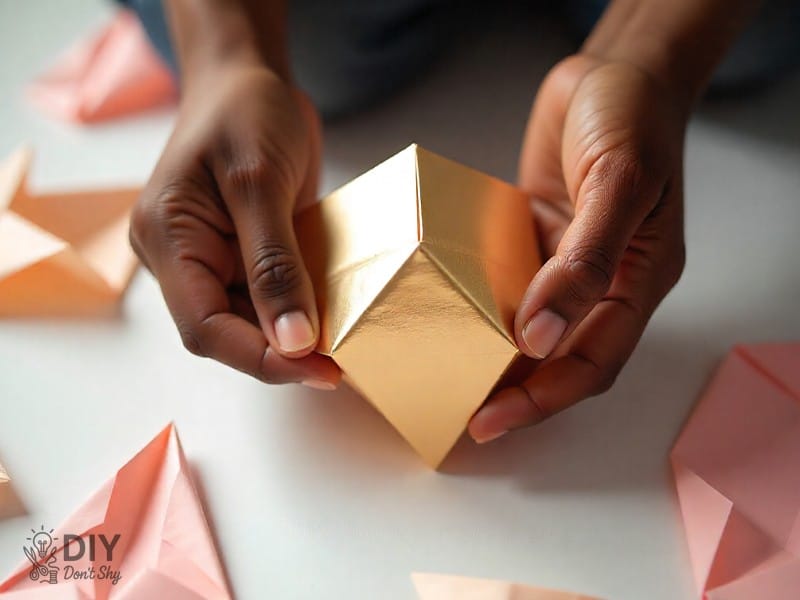 Wrapping paper strip around a pentagon base to shape a paper star.