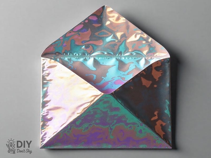 Folding top flap of paper envelope into triangle shape.