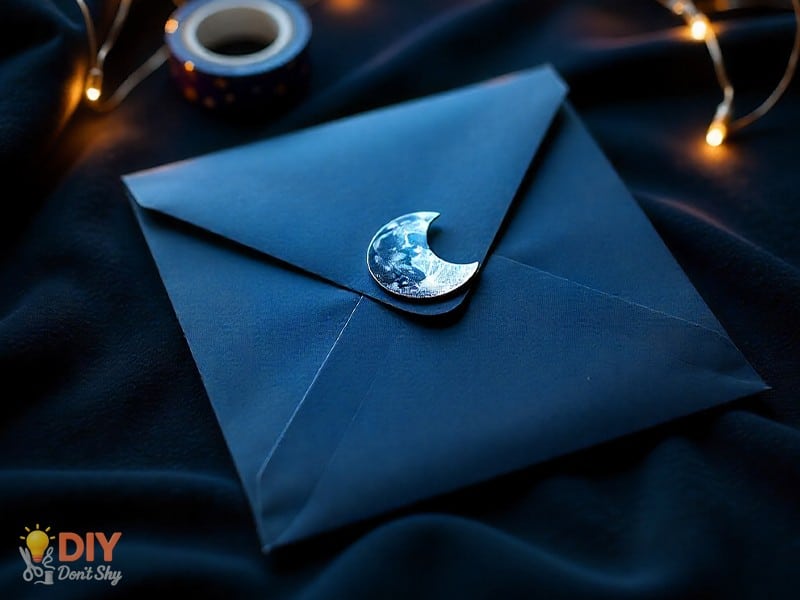 Sealing handmade paper envelope with sticker and decorations.