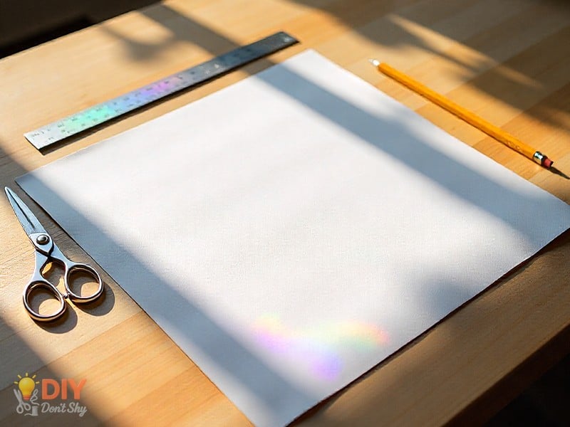 Square sheet of paper with scissors and ruler on a desk, ready for folding a paper box.