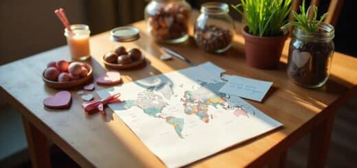 Romantic homemade gift ideas for husband displayed on a table including love notes, chocolates, and a memory map.