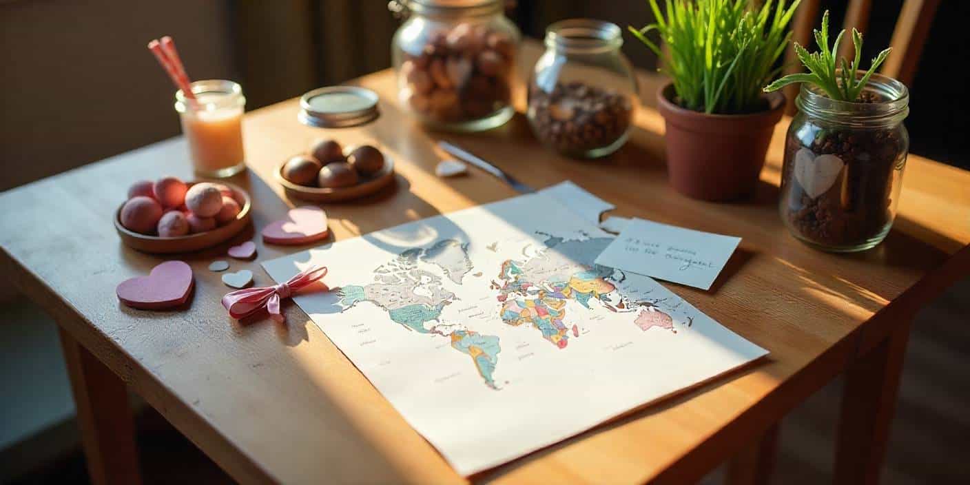 Romantic homemade gift ideas for husband displayed on a table including love notes, chocolates, and a memory map.