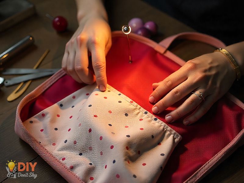Sewing a fabric pocket inside a tote bag.