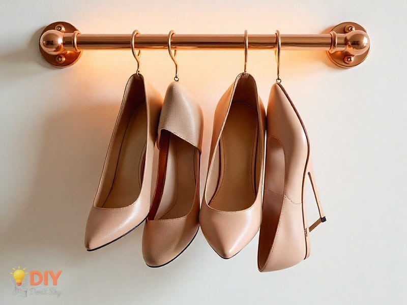 Copper pipe rack displaying high heels for creative shoe storage.