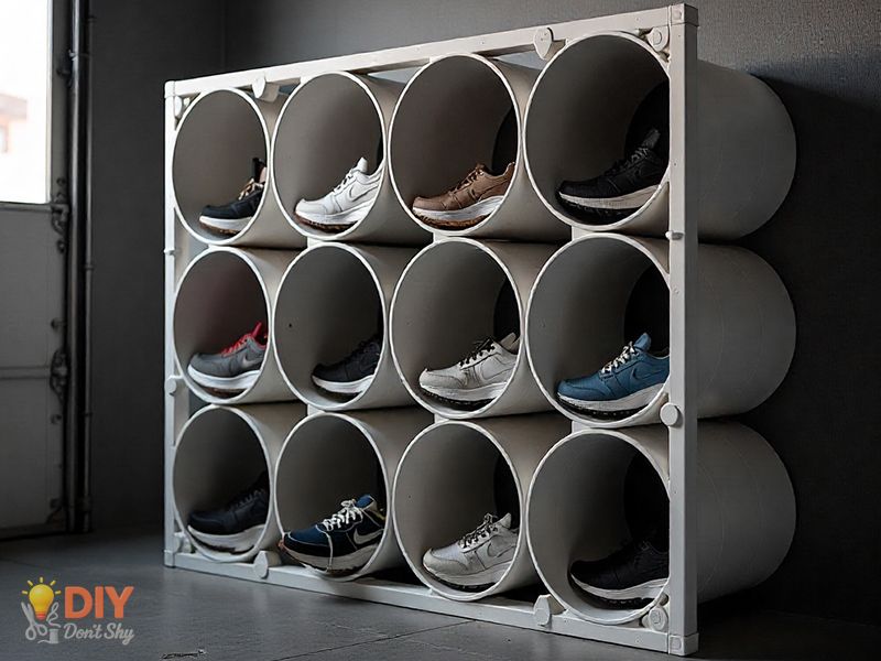 PVC grid shoe organizer holding sneakers in a compact space.