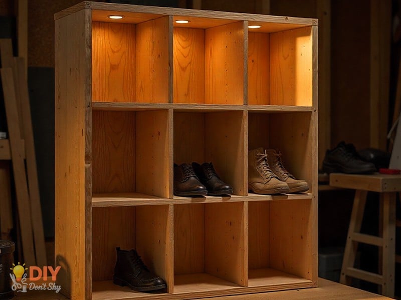 DIY plywood cubby tower in progress for small space shoe storage.