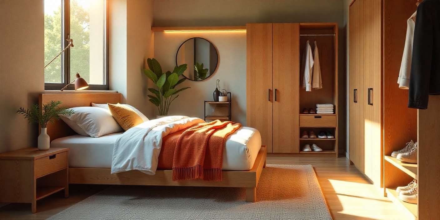 Organized bedroom with smart shoe storage ideas including under-bed drawers and racks.