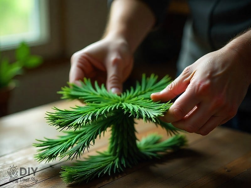 Hands sliding folded green paper pieces together to form a 3D paper tree top.