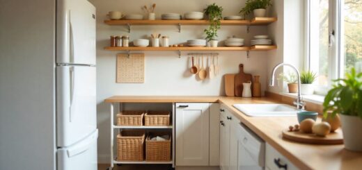 Small kitchen storage ideas on a budget with rolling cart, floating shelves, pegboard, and baskets for organized space-saving design.