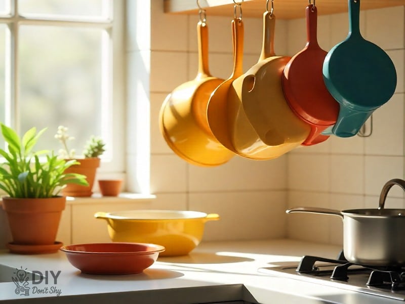 Pots and pans hanging from S hooks on a rod to save kitchen space.