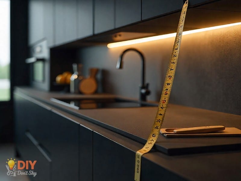 Measuring space under kitchen cabinet for DIY pot rack.