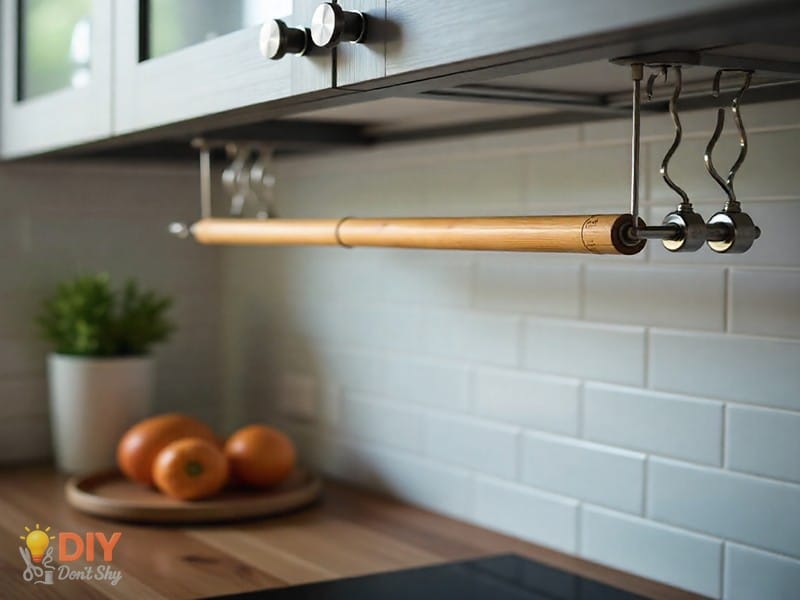 Wooden rod placed in hooks under cabinet for DIY hanging rack.