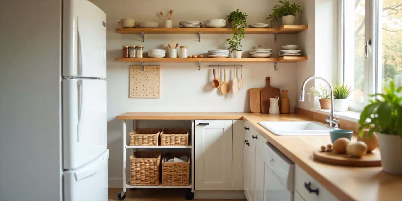 Small kitchen storage ideas on a budget with rolling cart, floating shelves, pegboard, and baskets for organized space-saving design.